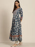 Women Navy Blue & Off White Pure Cotton Floral Print Anarkali Kurta